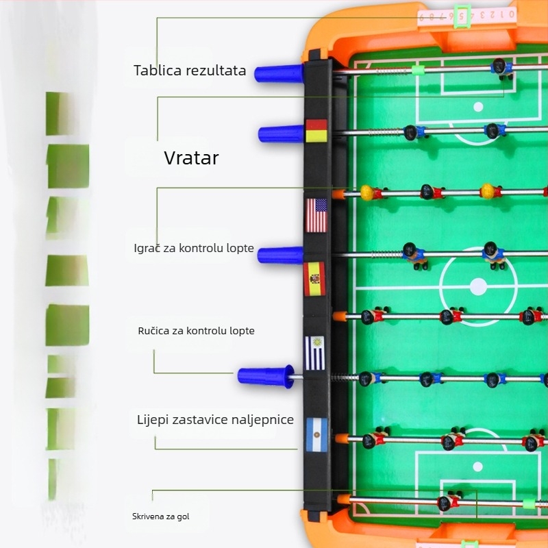 Stolni nogomet za dva igrača — plastična konstrukcija; za unutarnju upotrebu; dobna skupina 4–6, 7–14 i 15–35 godina; klasifikacija: stolni nogomet; 3C kategorija: druge igračke do 14 godina.