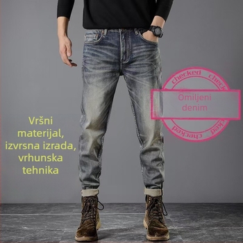 Muške traperice od denima s crvenim selvedge rubom, europsko-američki retro ležernog ravnog kroja, Ami Khaki stil, elastične, duge hlače