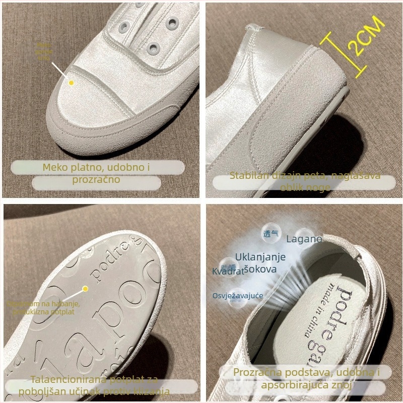 Ženske satinirane slip-on tenisice, niski profil, PU ulošak, gumeni đon, plosni pet 3–5 cm