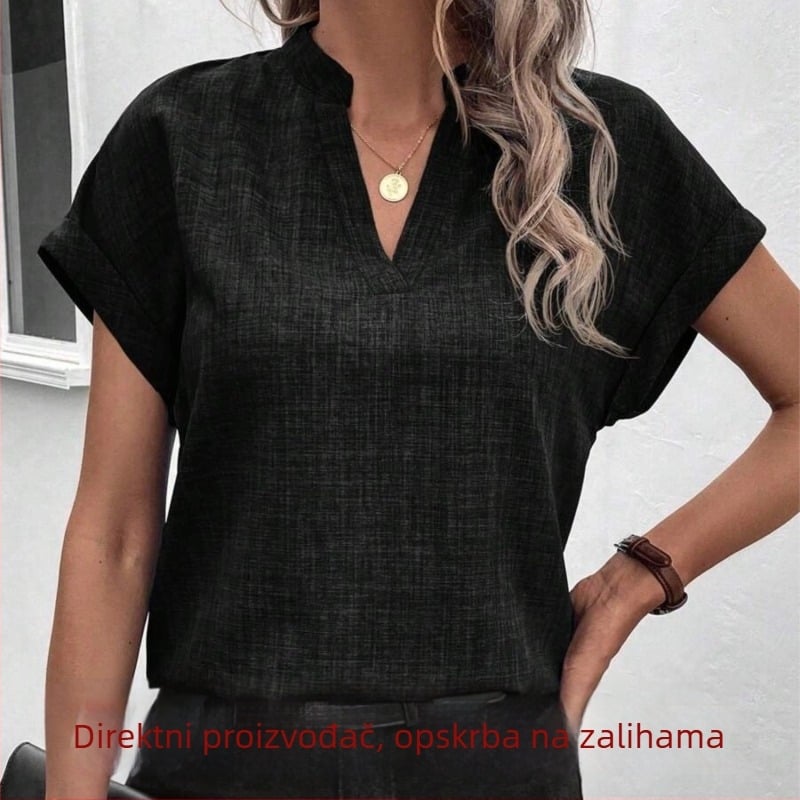 Košulja s V-dekolteom, kratkim rukavima, uski kroj, poliester/spandeks smjesa, duljina 50–65 cm, elegantan gradski stil