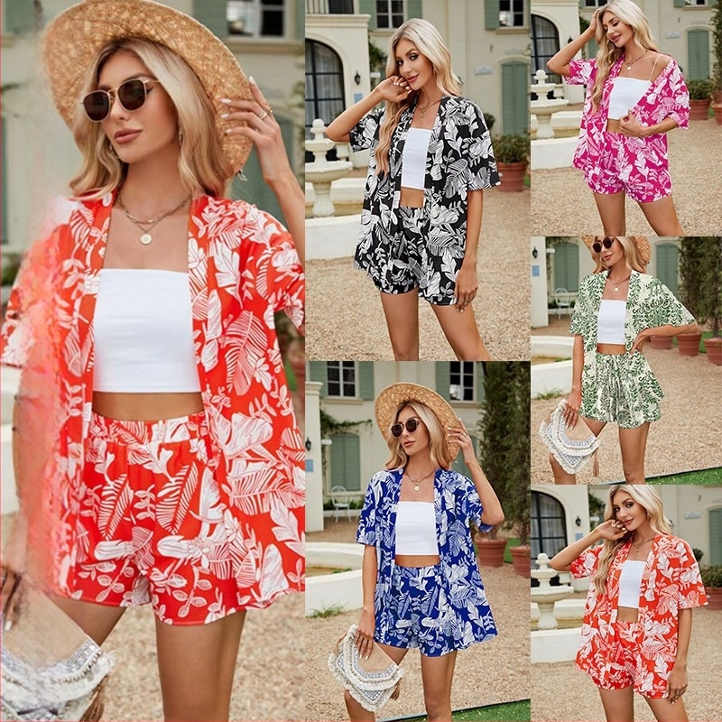 Ženski dvodijelni set: košulja s kratkim rukavima i šorc s elastičnim pojasom, cvjetni otisak, poliester, gradski stil