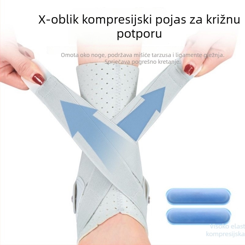 Neopreni ortoz gležnja, prozračna, s podrškom i rehabilitacijskom pomoći; podesiva podrška; pogodno za nogomet, trčanje, vožnju bicikla i planinarenje.