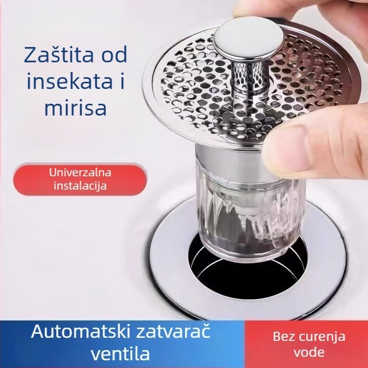 Filter odvodnje sudopera s anti-mirisnim jezgrom, nehrđajući čelik, pritiskom upravljan, moderni minimalistički stil