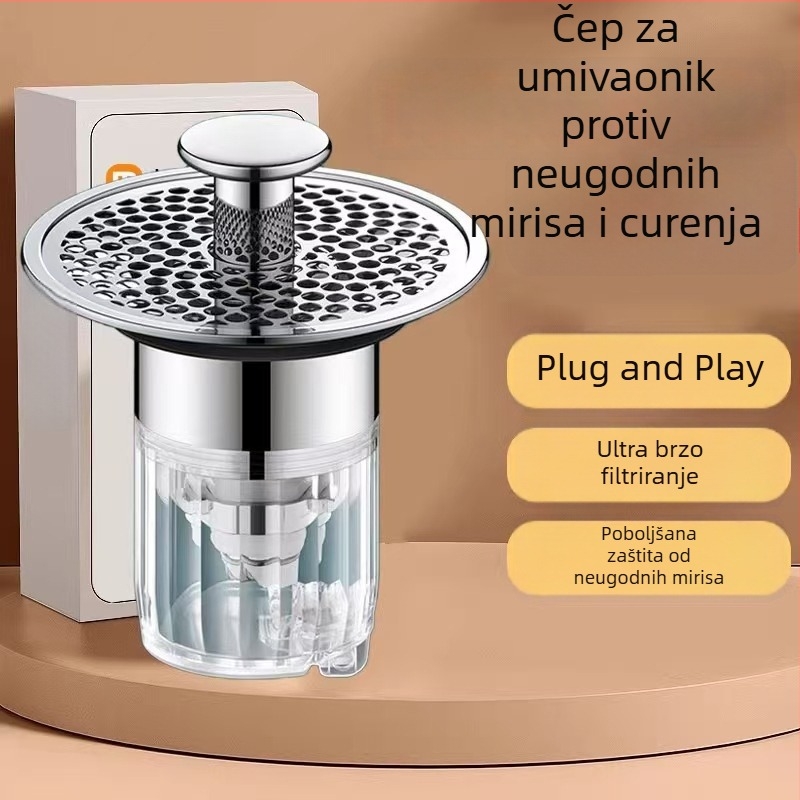 Filter odvodnje sudopera s anti-mirisnim jezgrom, nehrđajući čelik, pritiskom upravljan, moderni minimalistički stil
