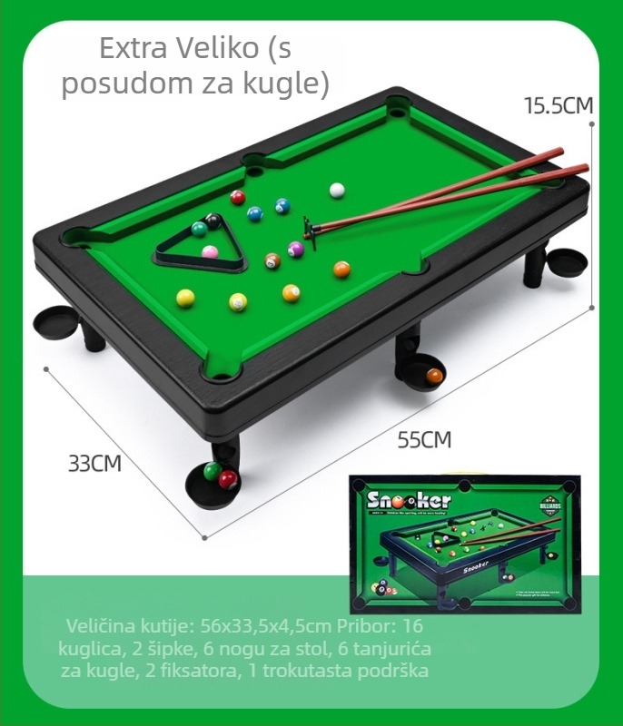 Mini stolni bilijar – prenosiva unutarnja stolna igra, plastična konstrukcija, pakiranje u šarenoj kutiji, pogodno za uzraste 4–6, 7–14 i 15–35
