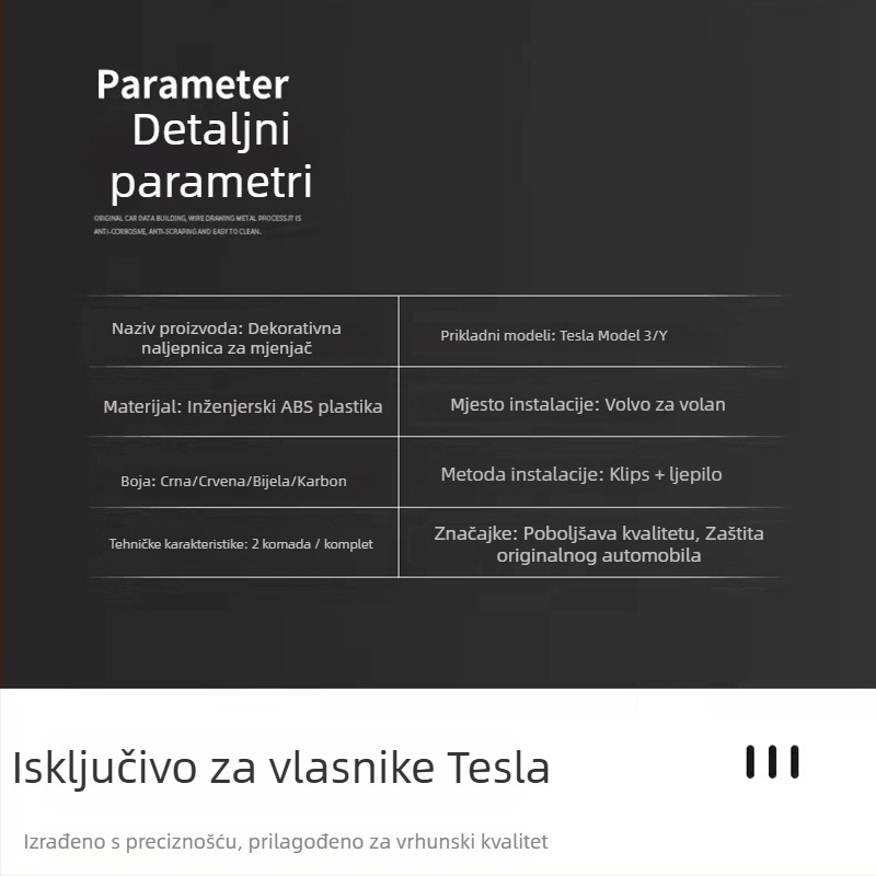 Tesla Model 3/Y unutarnji komplet dekorativnih umetaka – ručica mjenjača, volan i brisač, ABS, model 22, prilagodljiv logo, licencirana privatna oznaka