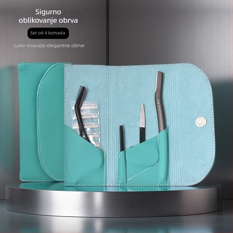 Kvalitetan set za obrve od nehrđajućeg čelika, 4-dijelni set: britvica za obrve, pinceta i škarice za obrve; sigurno za početnike
