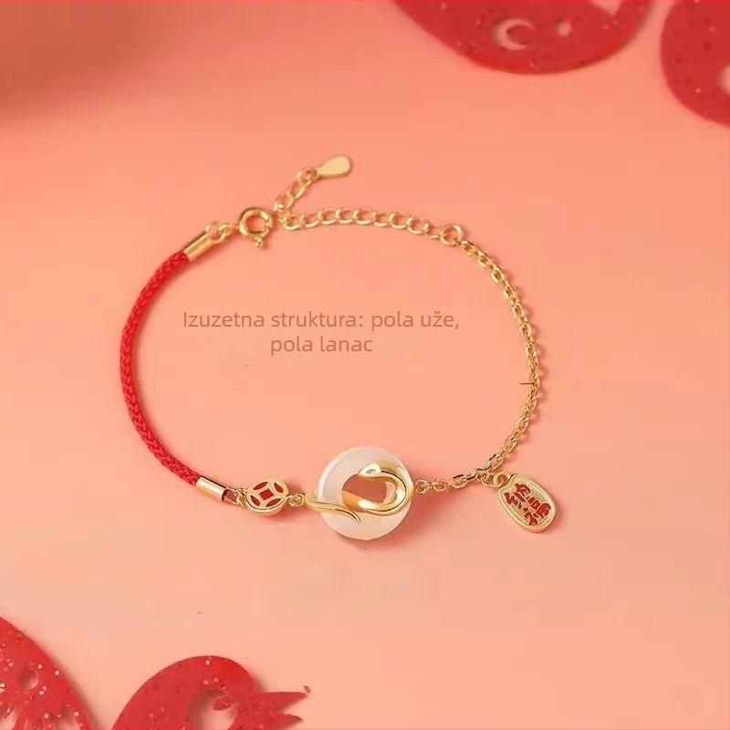 Narukvica od Hetian jade s koi ribom i zmijskim privjeskom, crvena vrpca, srebrni detalji, poklon za godinu zodijaka.