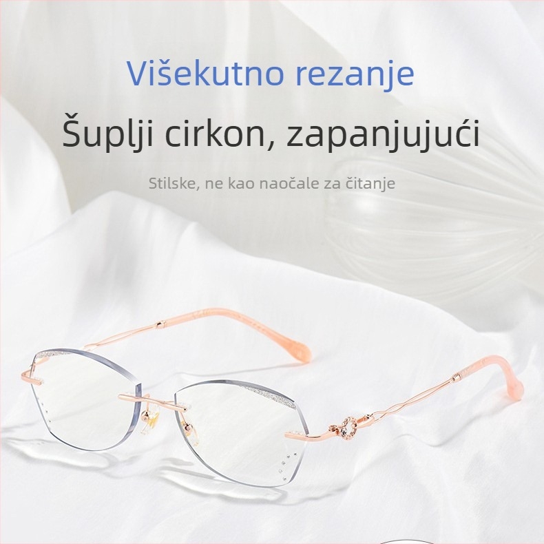 Okulari za čitanje bez okvira za žene, protiv plavog svjetla, protiv umora, ukrašeni dijamantima, elegantni, visoka razlučivost, oštri rubovi