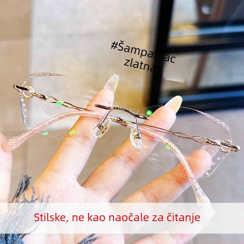 Okulari za čitanje bez okvira za žene, protiv plavog svjetla, protiv umora, ukrašeni dijamantima, elegantni, visoka razlučivost, oštri rubovi