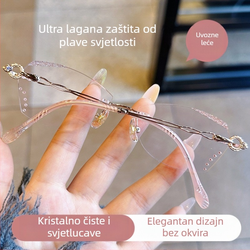 Okulari za čitanje bez okvira za žene, protiv plavog svjetla, protiv umora, ukrašeni dijamantima, elegantni, visoka razlučivost, oštri rubovi