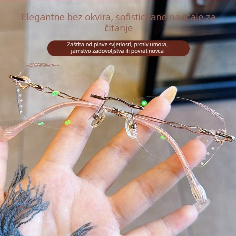 Okulari za čitanje bez okvira za žene, protiv plavog svjetla, protiv umora, ukrašeni dijamantima, elegantni, visoka razlučivost, oštri rubovi