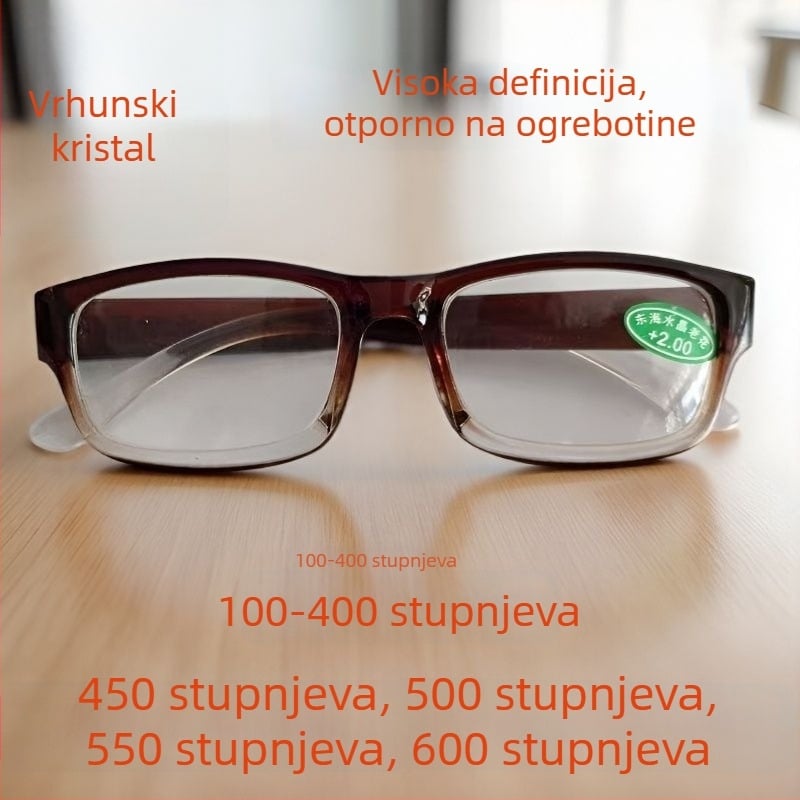 Kristalne naočale za čitanje, dioptrije 450/500/550/600, puni okvir, kvadrati oblik, univerzalna veličina