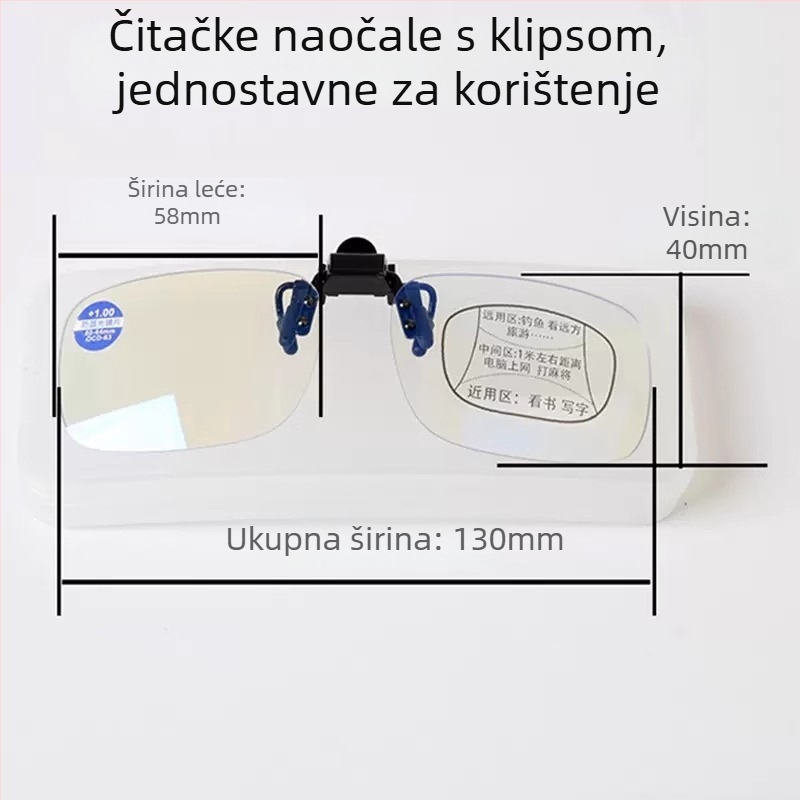 Klip-naočale za presbiopiju, sočiva od smole, multifokalne, anti-plavo svjetlo, kvadratni okvir