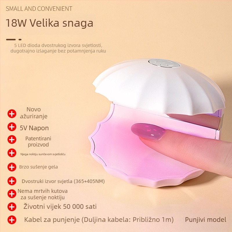 Mini lampica za nokte u obliku školjke, punjiva LED lampa za gel lak, brzo sušenje, 18W, visoka snaga