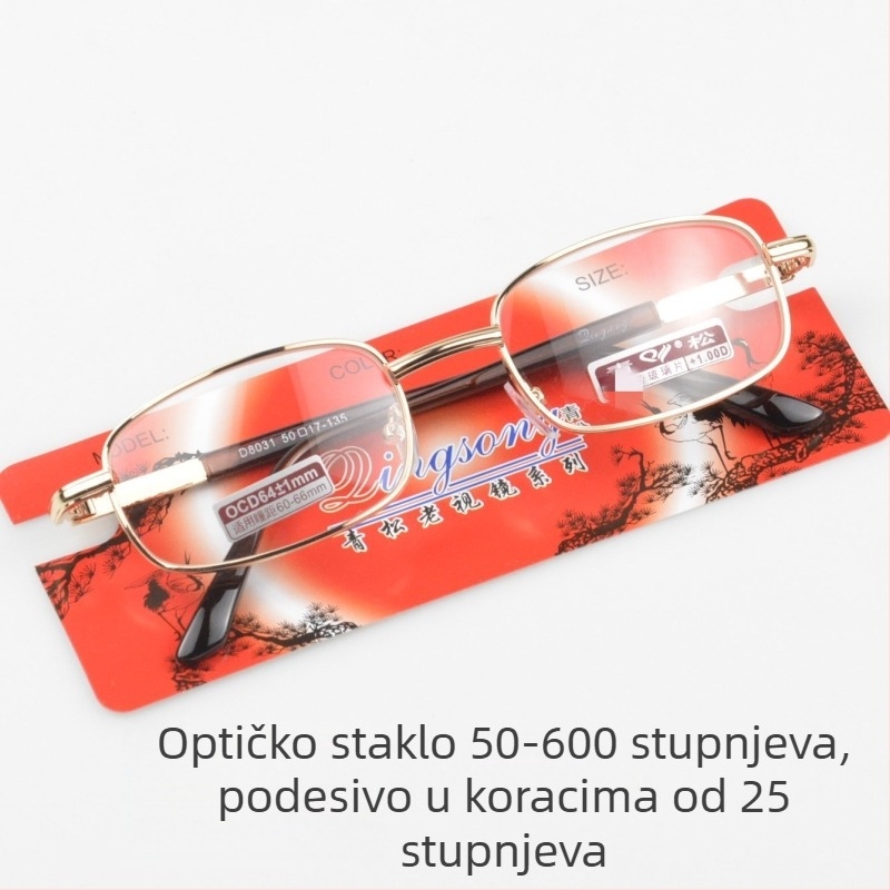Green Pine naočale za čitanje, metalni puni okvir, staklene leće, model 8031, dioptrije 50–600