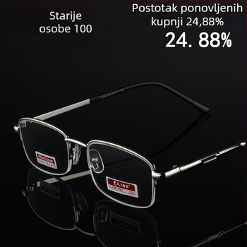 Naočale za čitanje, poluokvirne, leće od smole, metalna okvira, +100 do +400 dioptrija, unisex, za odrasle