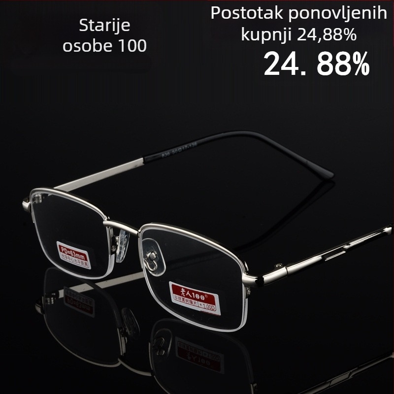 Naočale za čitanje, poluokvirne, leće od smole, metalna okvira, +100 do +400 dioptrija, unisex, za odrasle