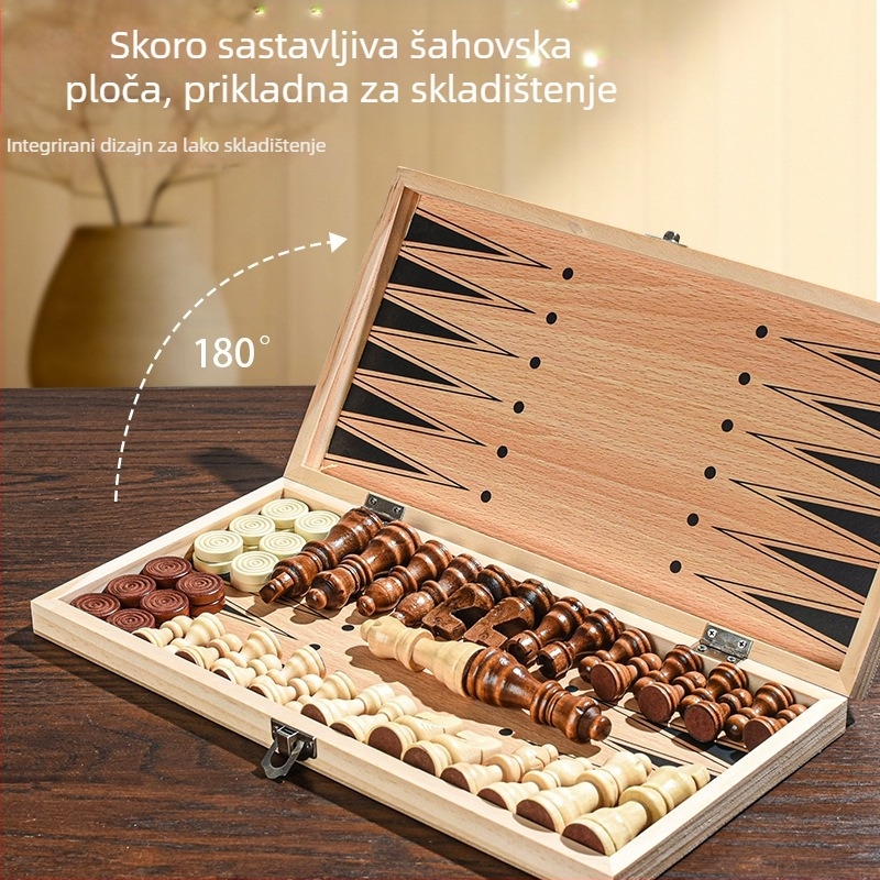 Tri u jednom drveni set šaha i dame, model MZ-013, kutija za nošenje, za uzrast 14+