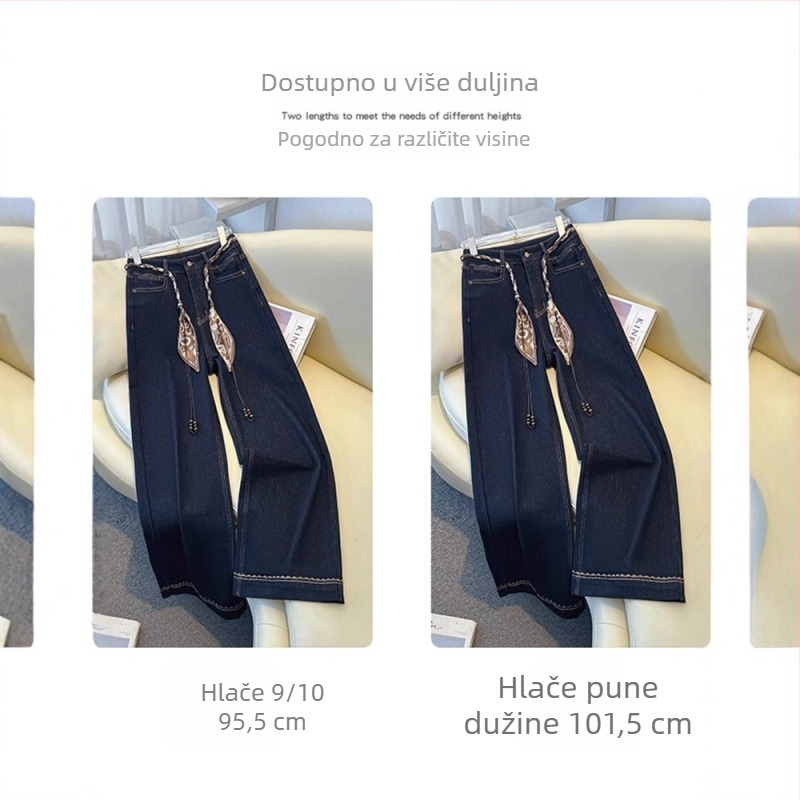Ženske široke traperice s pojasom od svile, visokim strukom, vizualno mršavije, dugačke do poda, ravni kroj