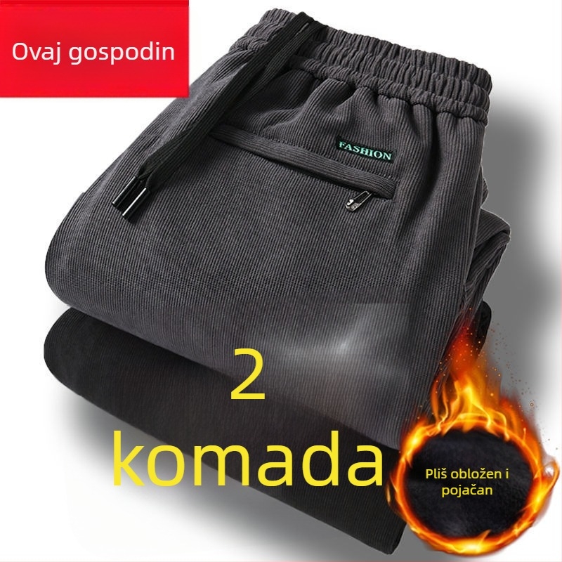 Muške hlače od corduroya s flis podstavom, ravni kroj, srednji pojas, duge hlače, poliester tkanina