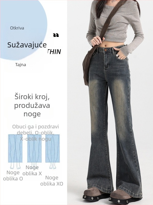 Ženske traperice s flis podstavom, visokim strukom, blago proširene, 70–80% pamuka, mikroelastične