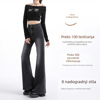 Ženske traperice od denima, visokim strukom, uski kroj, mikroflare, skraćene ravne nogavice bootcut za vitke figure