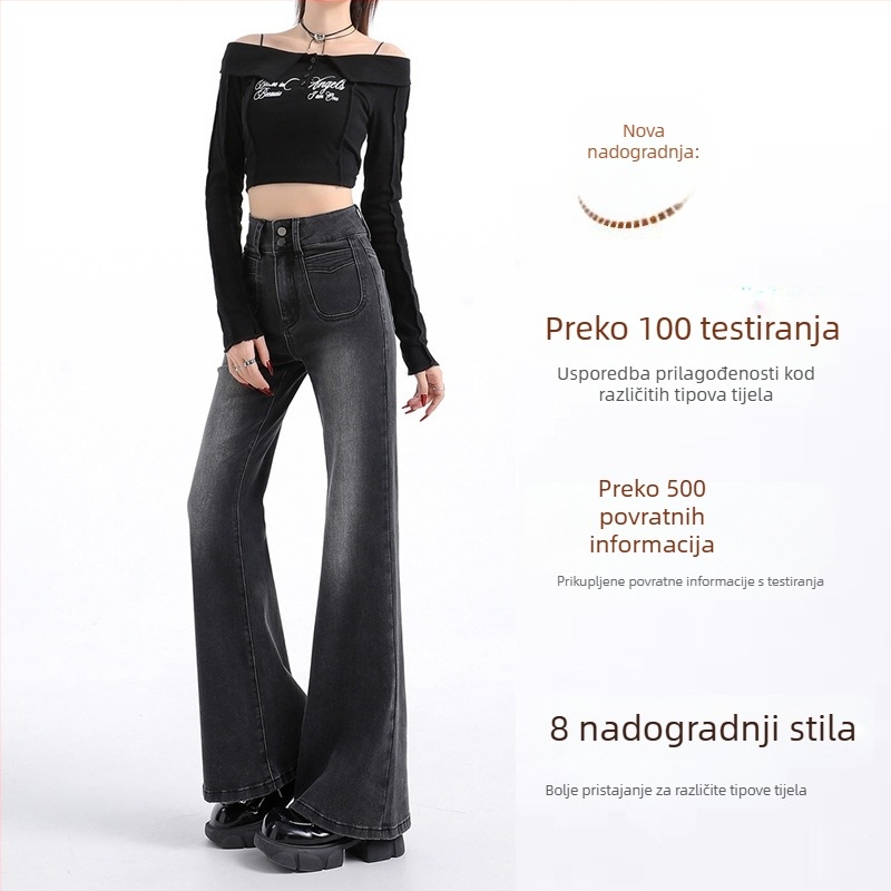 Ženske traperice od denima, visokim strukom, uski kroj, mikroflare, skraćene ravne nogavice bootcut za vitke figure