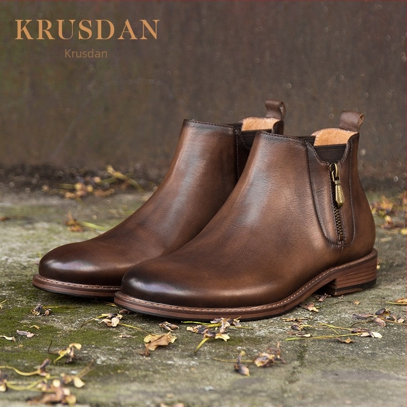 Muške Chelsea čizme od prve slojevite teleće kože sa bočnim zatvaračem – britski ležerni stil, gumeni potplat