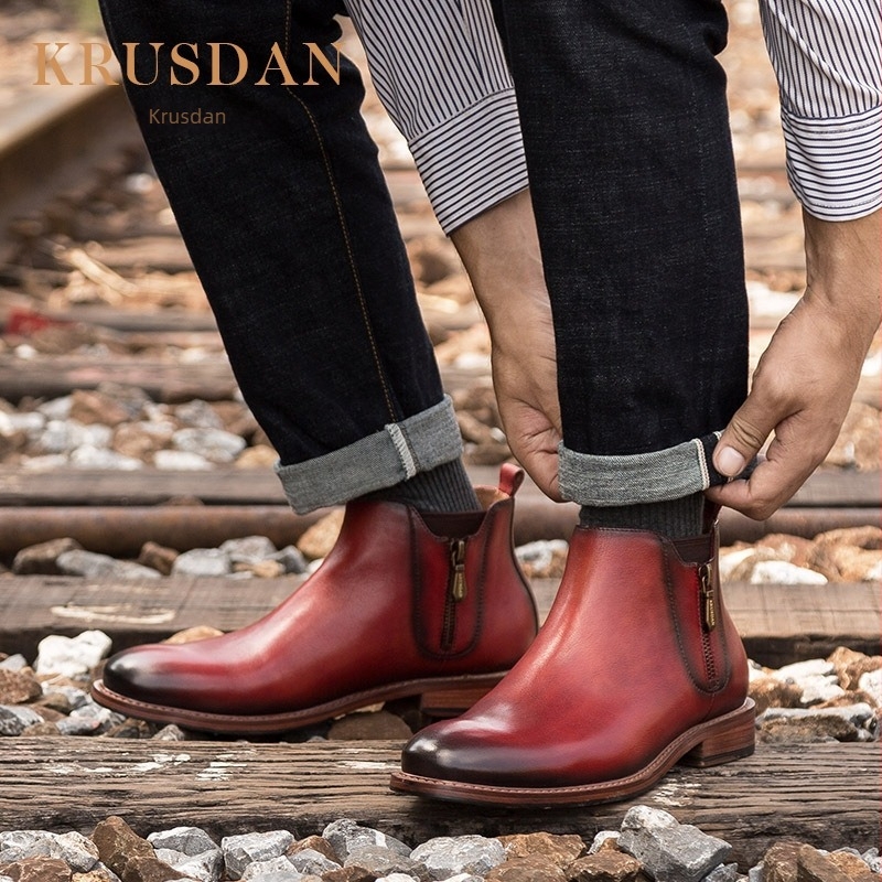 Muške Chelsea čizme od prve slojevite teleće kože sa bočnim zatvaračem – britski ležerni stil, gumeni potplat