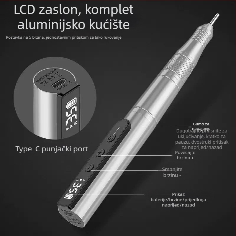 Pero-tip bežična brusilica za nokte s USB zaslonom, prijenosna polirka za nokte, metalno kućište