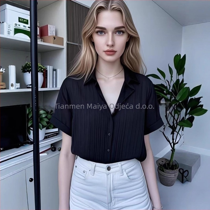 Ženska bluza s otvorenim ramenima, raglan rukavima, ovratnik košulje, jednobojni poliester materijal, sadržaj poliester preko 95%