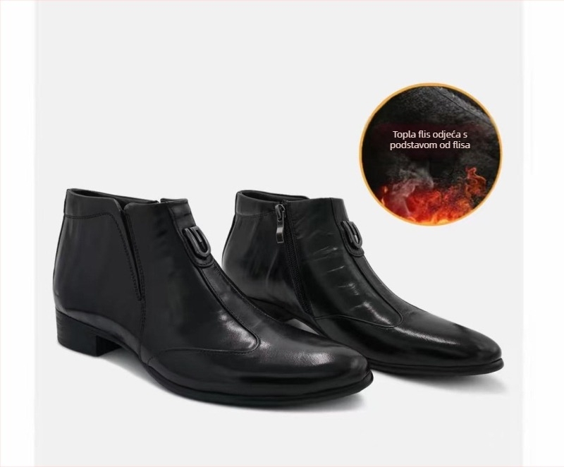 Muške kožne Chelsea čizme sa zatvaračem, podstavljene fleeceom, šiljat nos, visokim krojem, gumeni potplat