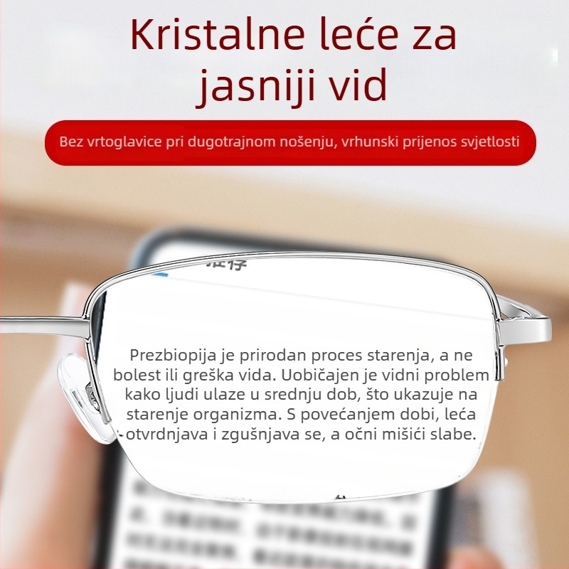 Poluokvirne naočale za čitanje s kristalnim lećama, HD izdržljive, poslovni stil za muškarce
