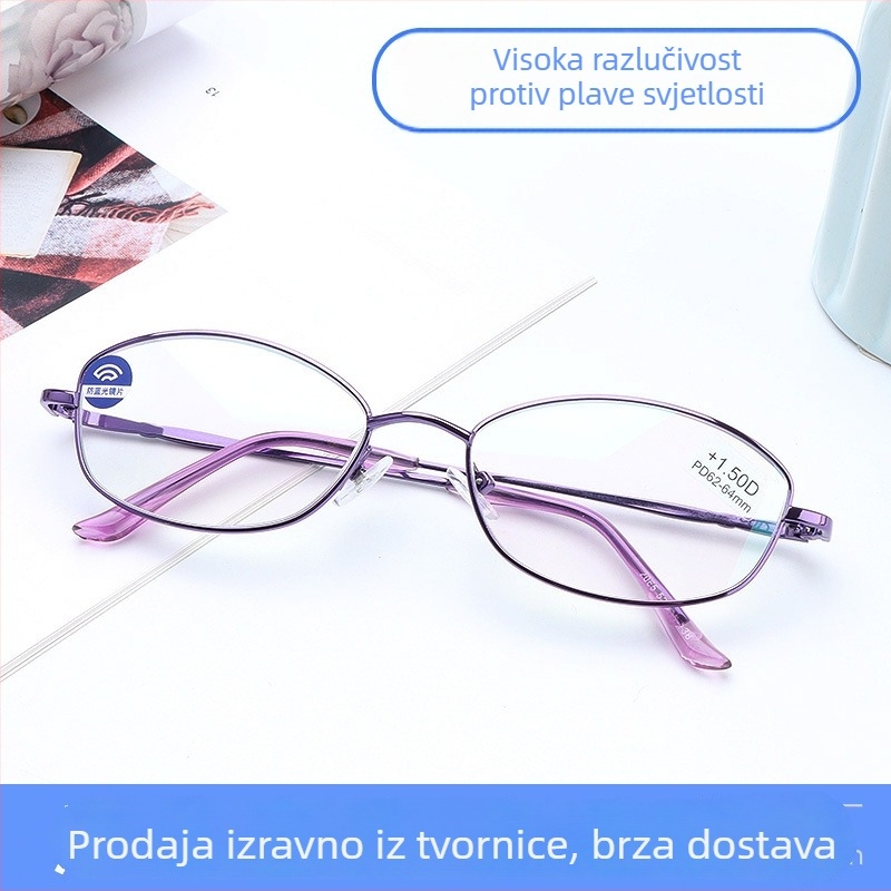 Naočale za čitanje za žene, s punim okvirom, elegantan dizajn, zaštita od plavog svjetla i UV, leće od smole, metalni okvir, model 2065#