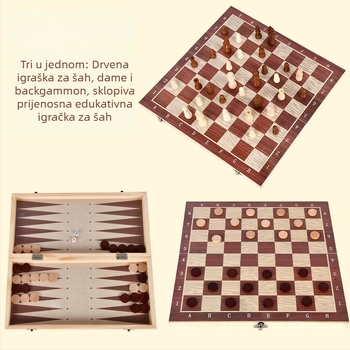 Drveni troje-u-jednom set: šah, dama i backgammon; sklopiv, prenosiv, edukativan