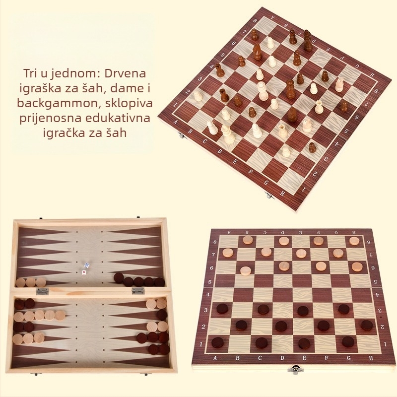 Drveni troje-u-jednom set: šah, dama i backgammon; sklopiv, prenosiv, edukativan