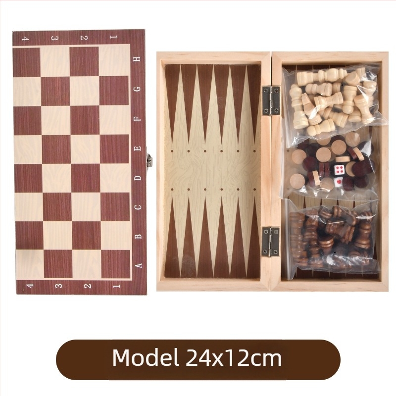 Drveni troje-u-jednom set: šah, dama i backgammon; sklopiv, prenosiv, edukativan
