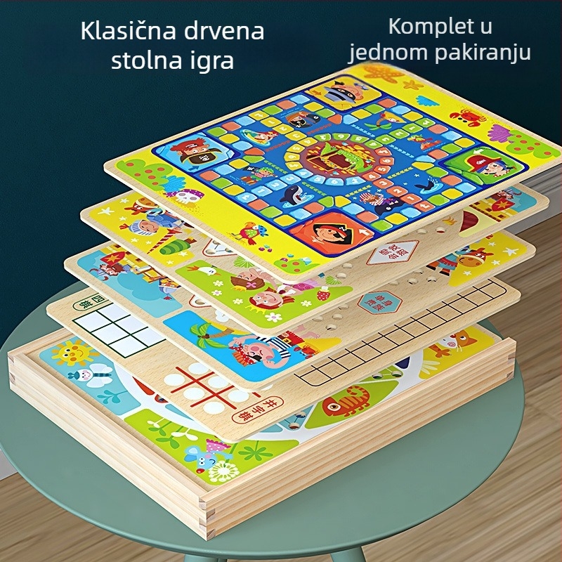 Drvena dječja stolna igra s 7-in-1 pločom: Flying Chess, Dama i Gobang – edukativna igračka za djecu 4–14 godina