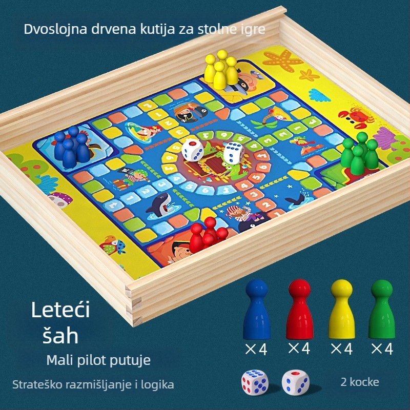 Drvena dječja stolna igra s 7-in-1 pločom: Flying Chess, Dama i Gobang – edukativna igračka za djecu 4–14 godina