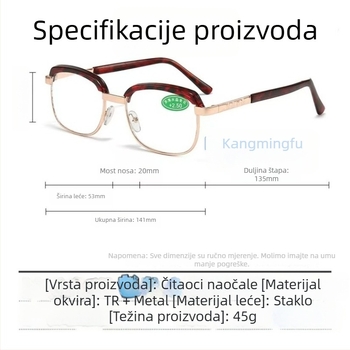 Naočale za čitanje za prezbiopiju, kvadratni metalni okvir, staklene leće, vintage stil