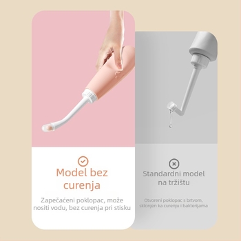 Vaginalni irigator – pritisnuti dizajnirani uređaj za higijenu perineuma; Materijali: TPE/PP; Kategorija: vaginalni irigator; Način korištenja: stisnite; Porijeklo: Zhejiang; Metoda proizvodnje: Blow molding