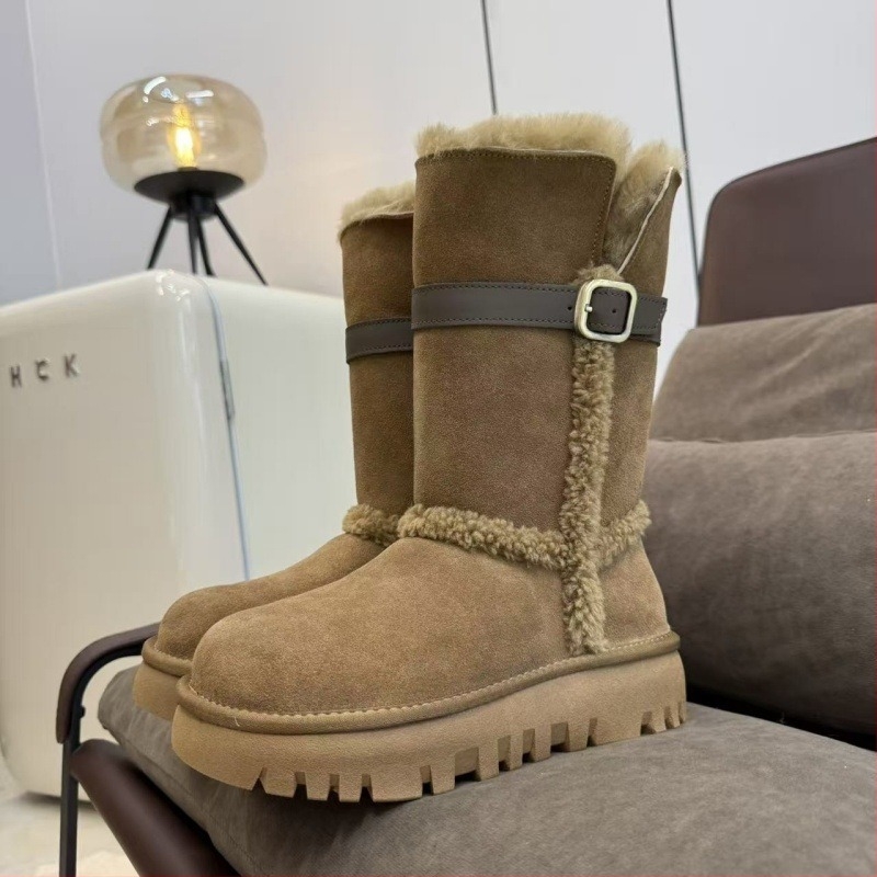 Ženske visoke zimske čizme od teleće kože sa vunenom podstavom i pravom krznom, debeli potplat, okrugli vrh
