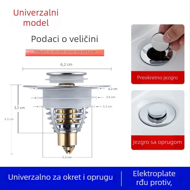 Nehrđajući čelični filtar odvodnje za umivaonik – pritiskom montaža, sprječava začepljenje