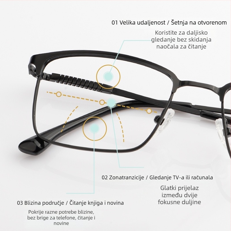 Naočale za čitanje, višefunkcijski, protiv plave svjetlosti, puni okvir, metalno-titanski okvir, unisex, za blizu i daljinu