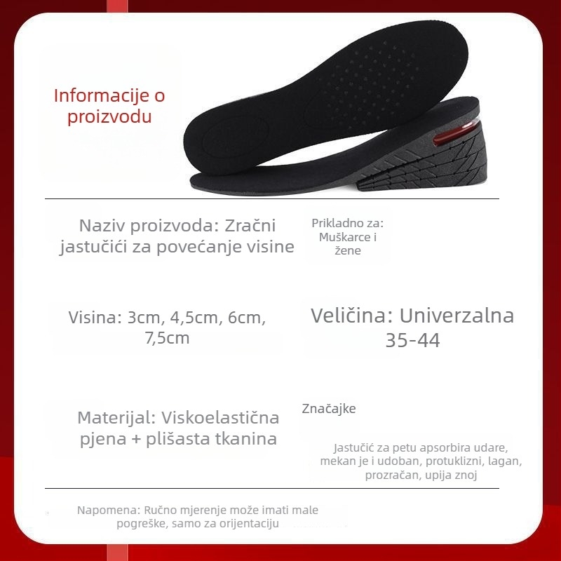 Uložak za povećanje visine za muškarce i žene, nevidljiv, udoban, apsorpcija udara zračnim jastučićem, puna uložak, sportska meka podloga