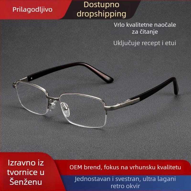 Naočale za čitanje, leće od akrila, okvir od titanijeve legure, poluokvirni dizajn, kvadratni oblik, za vid blizu i daleko
