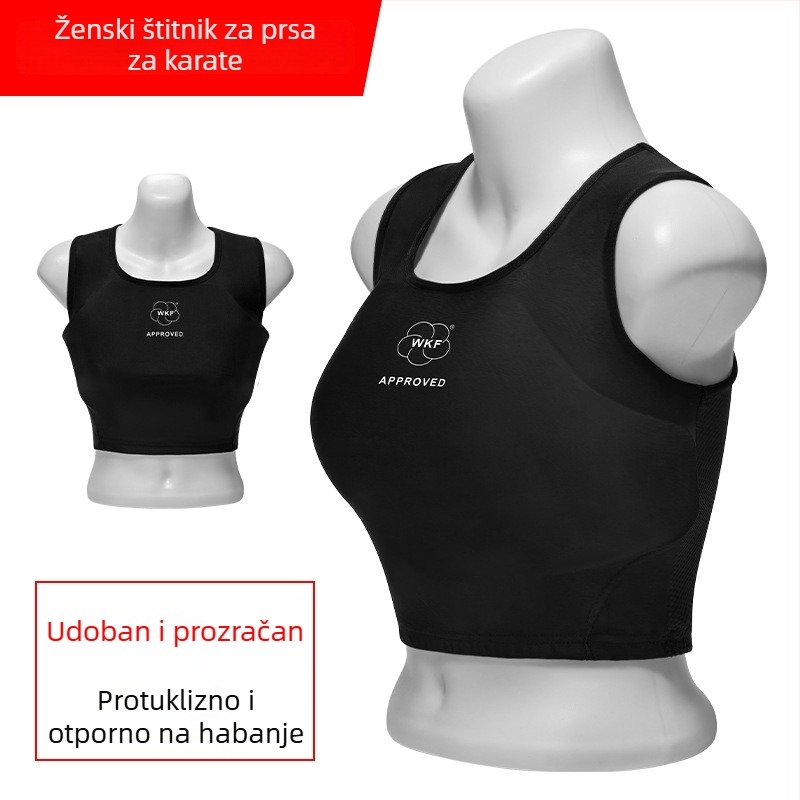 Ženski zaštitnik prsiju za karate, prozračan, mogućnost otiska logotipa, zaštita gornjeg dijela tijela, polovica tijela, crno-bijeli