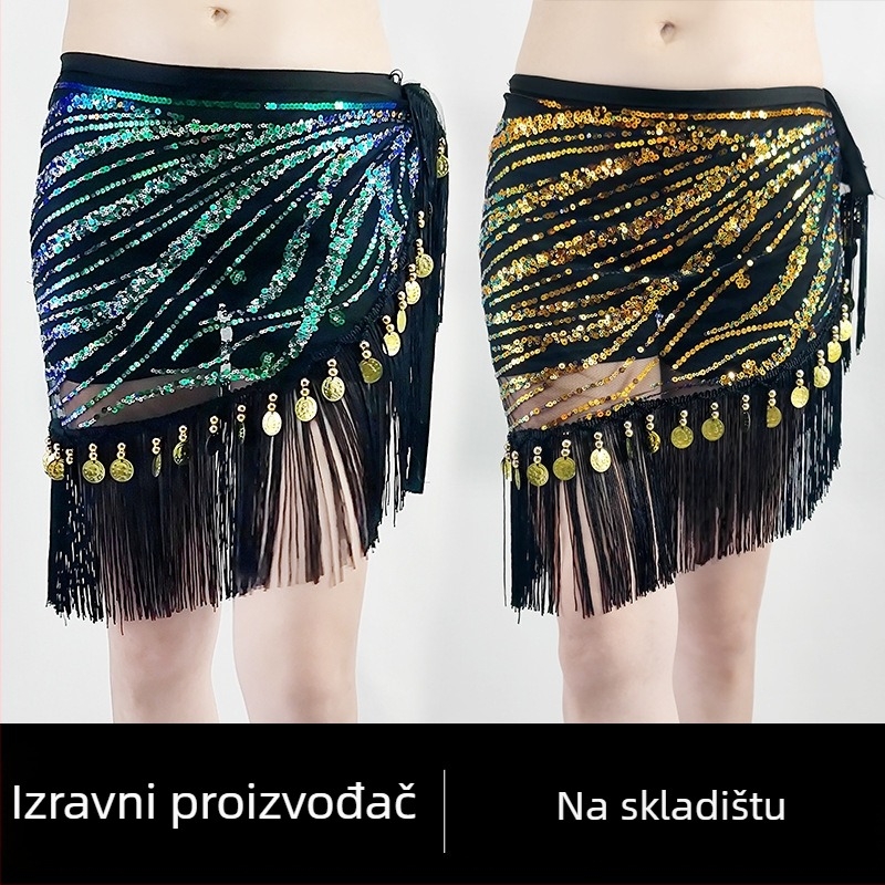 Pojas za ples trbuha s resicama i hip šalom sa šljokicama, proljeće 2025, poliester >95%, vez, seksi gradski stil