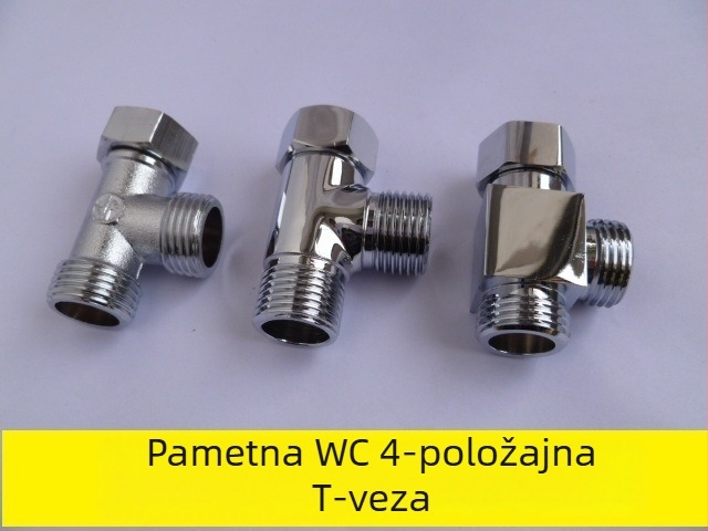 WC vodovodni T spoj, bakar, dvostruki navoj (unutarnji/vanjski), navojno spojenje, moderni minimalistički stil